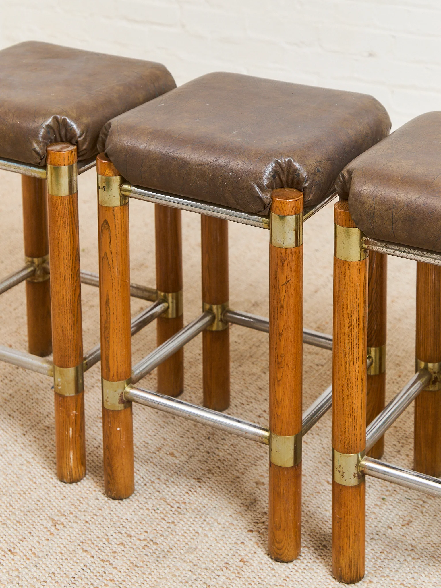 1970s Brutalist Chrome and Oak Stools - Image 5