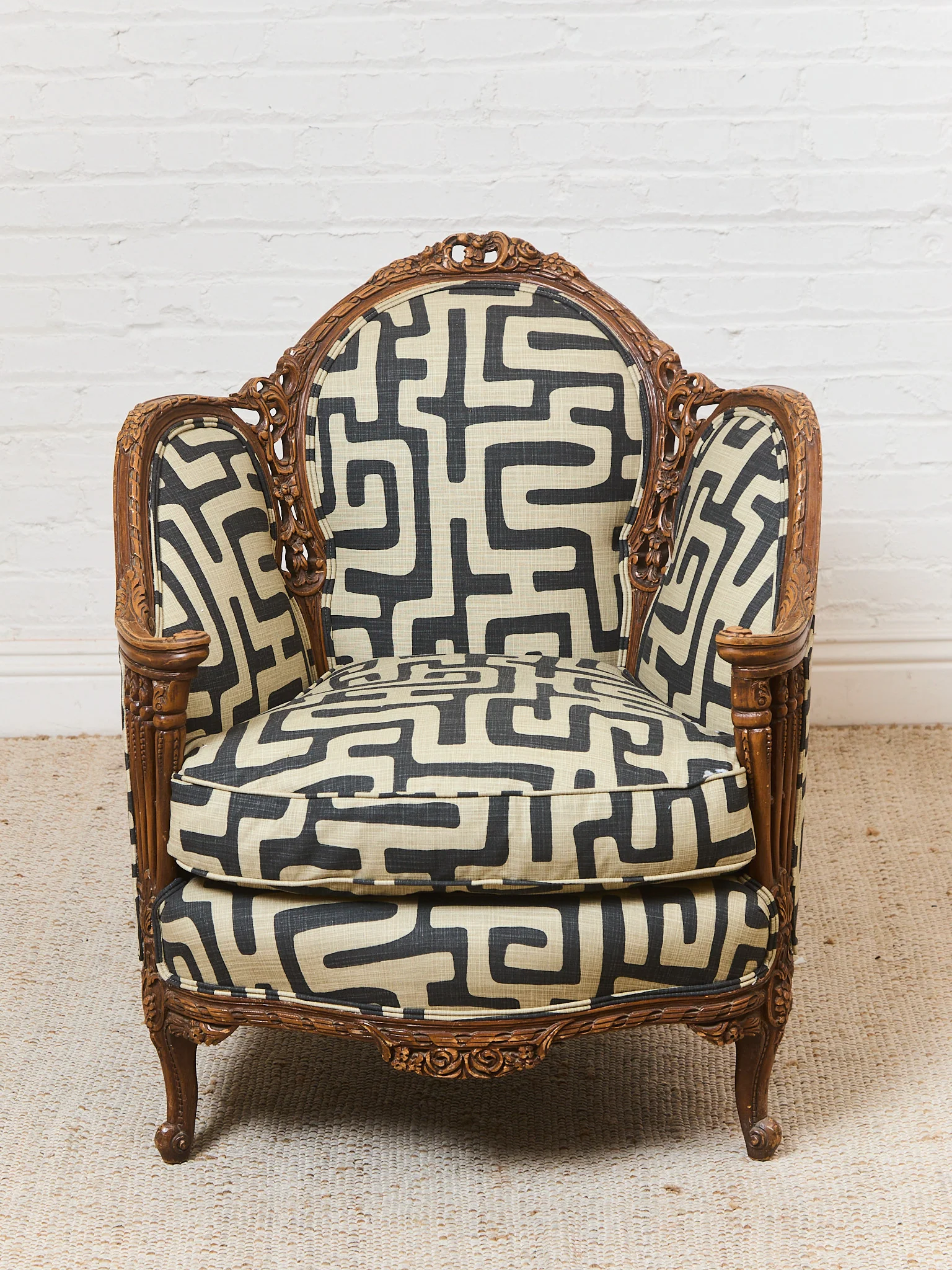 African Geometric Print Fabric on French Antique Chair - Image 4