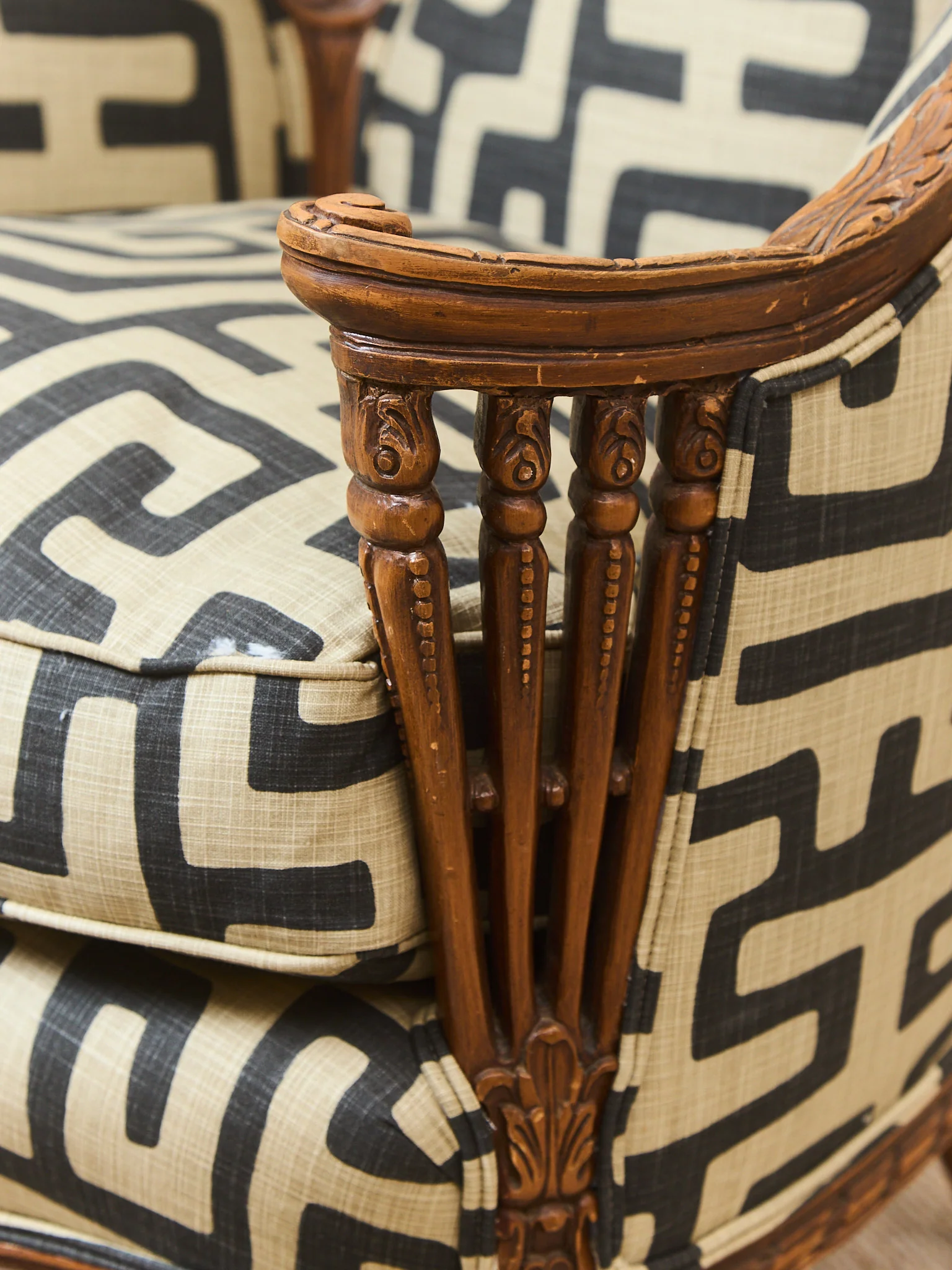 African Geometric Print Fabric on French Antique Chair - Image 7