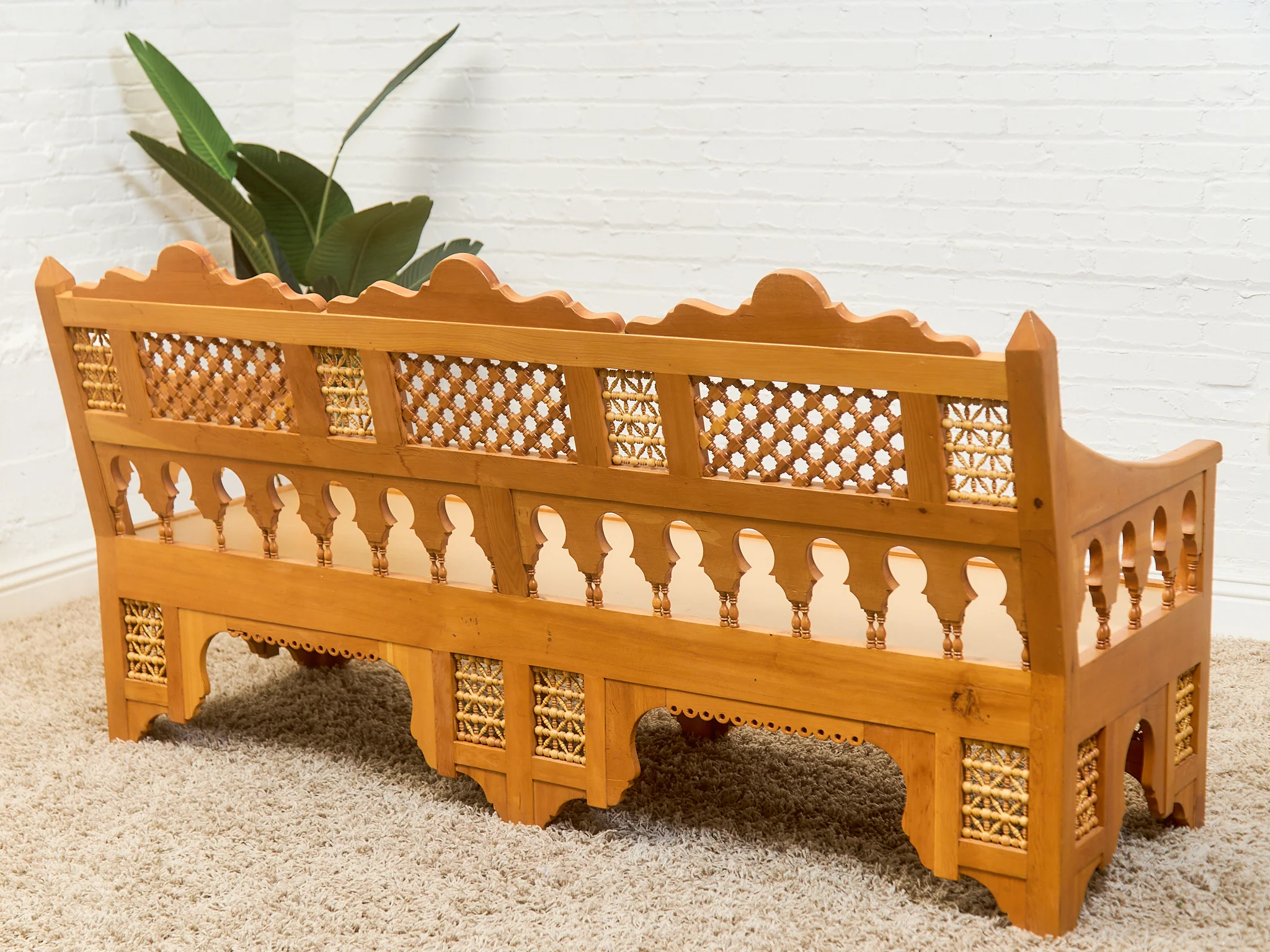 Beautiful Moroccan Unstained Hand Carved Wooden Sofa with Moucharabieh Paneling - Image 23