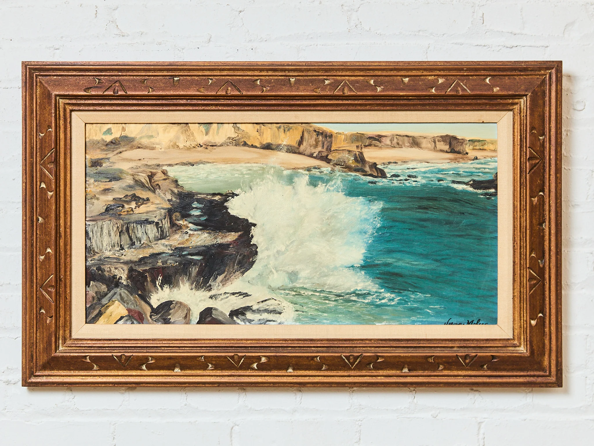 Crashing Waves on Rock Cliff Oil Painting by Joanne Moberg