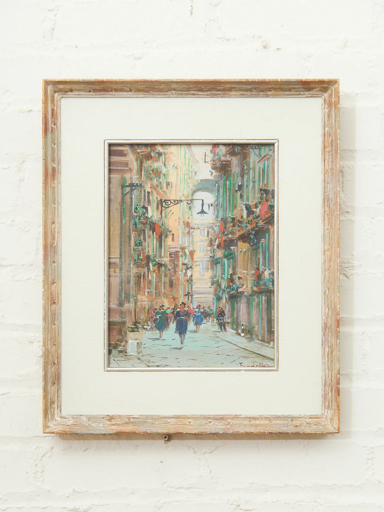 Framed European Street Scene Oil Painting Signed