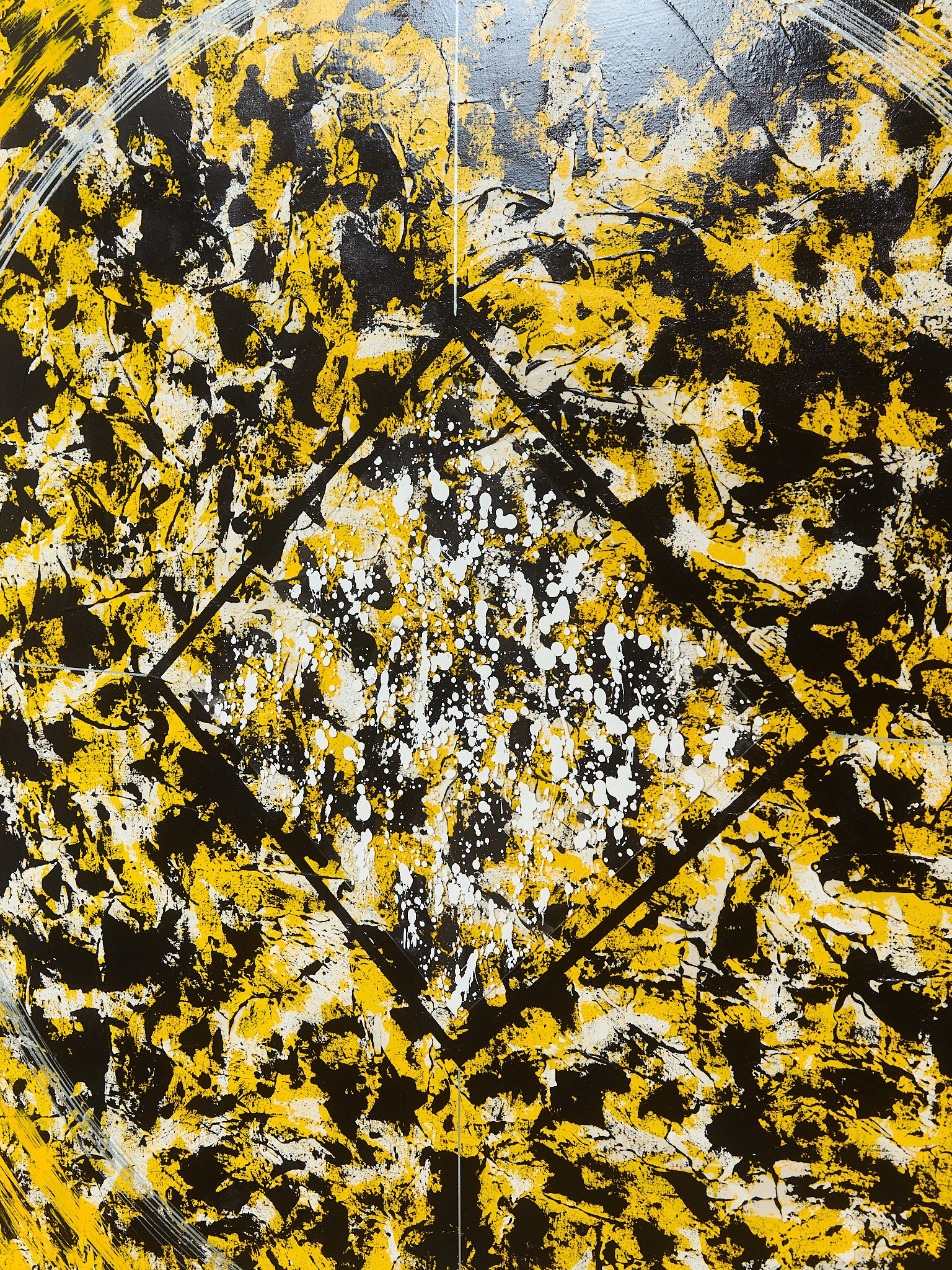 Geometric Acrylic Abstract Mandala museum Painting in Yellow by Gerald Campbell - Image 3