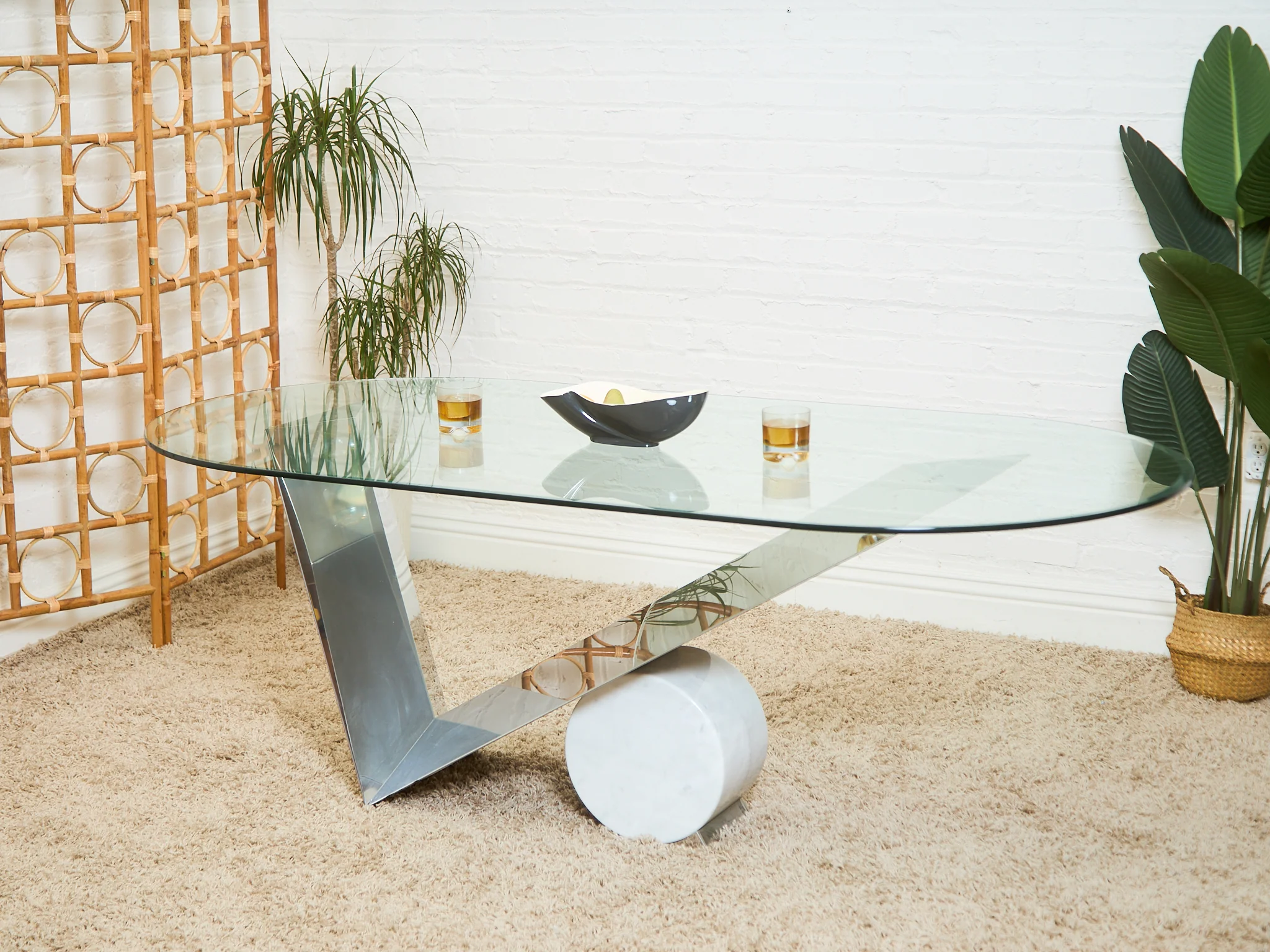 Italian Large Oval Table Cattellan Black Marble Steel and Crystal