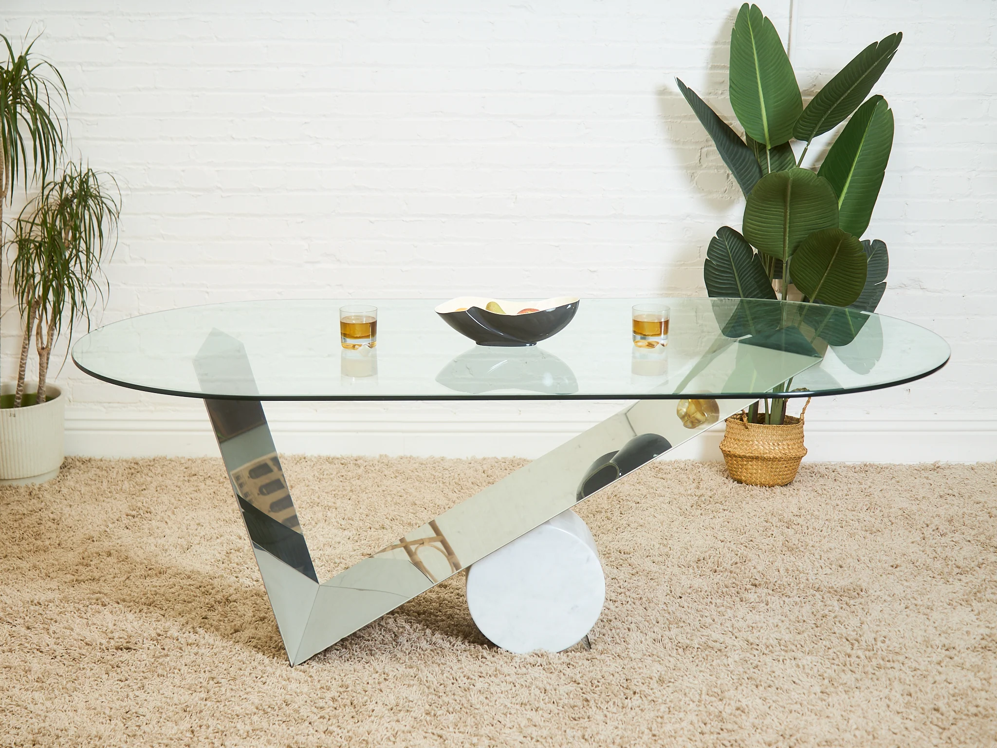 Italian Large Oval Table Cattellan Black Marble Steel and Crystal - Image 2