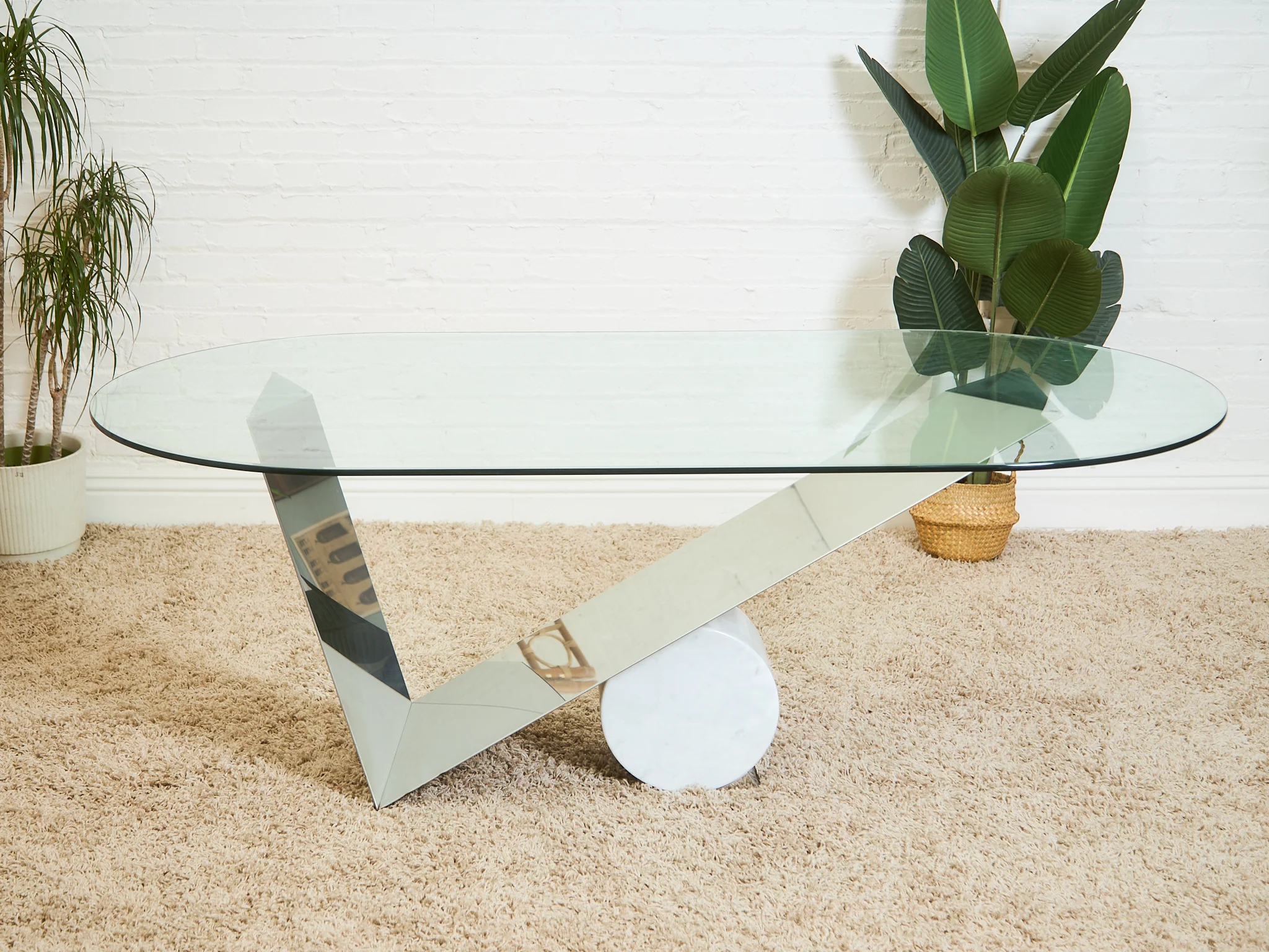 Italian Large Oval Table Cattellan Black Marble Steel and Crystal - Image 3