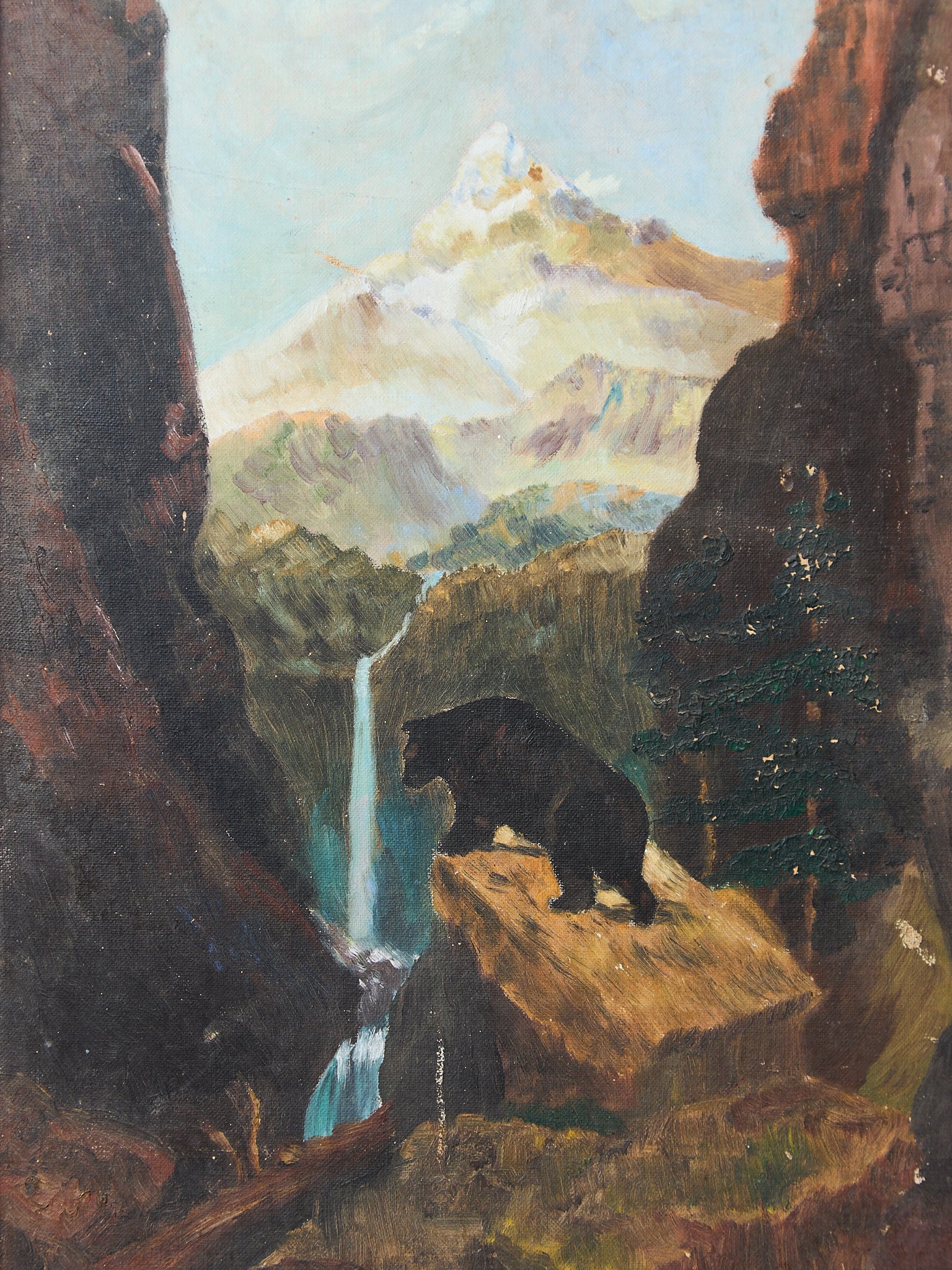 Moody Landscape Oil Painting with Mountain Waterfall and Bear - Image 2