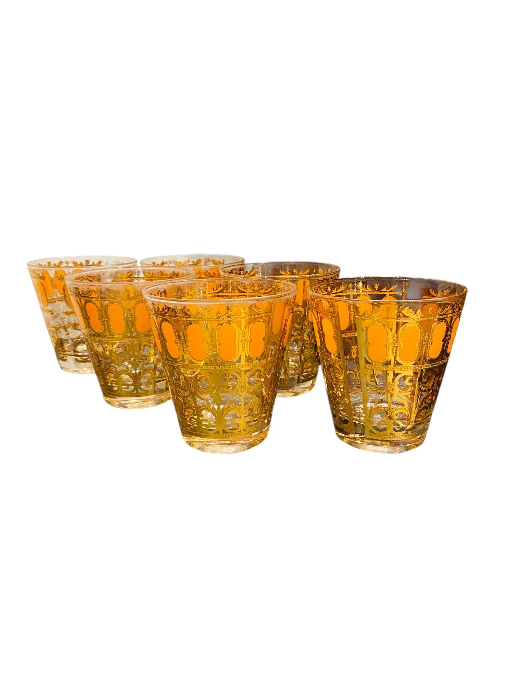 Rare Set of Six 22K Gold and Orange Tumblers