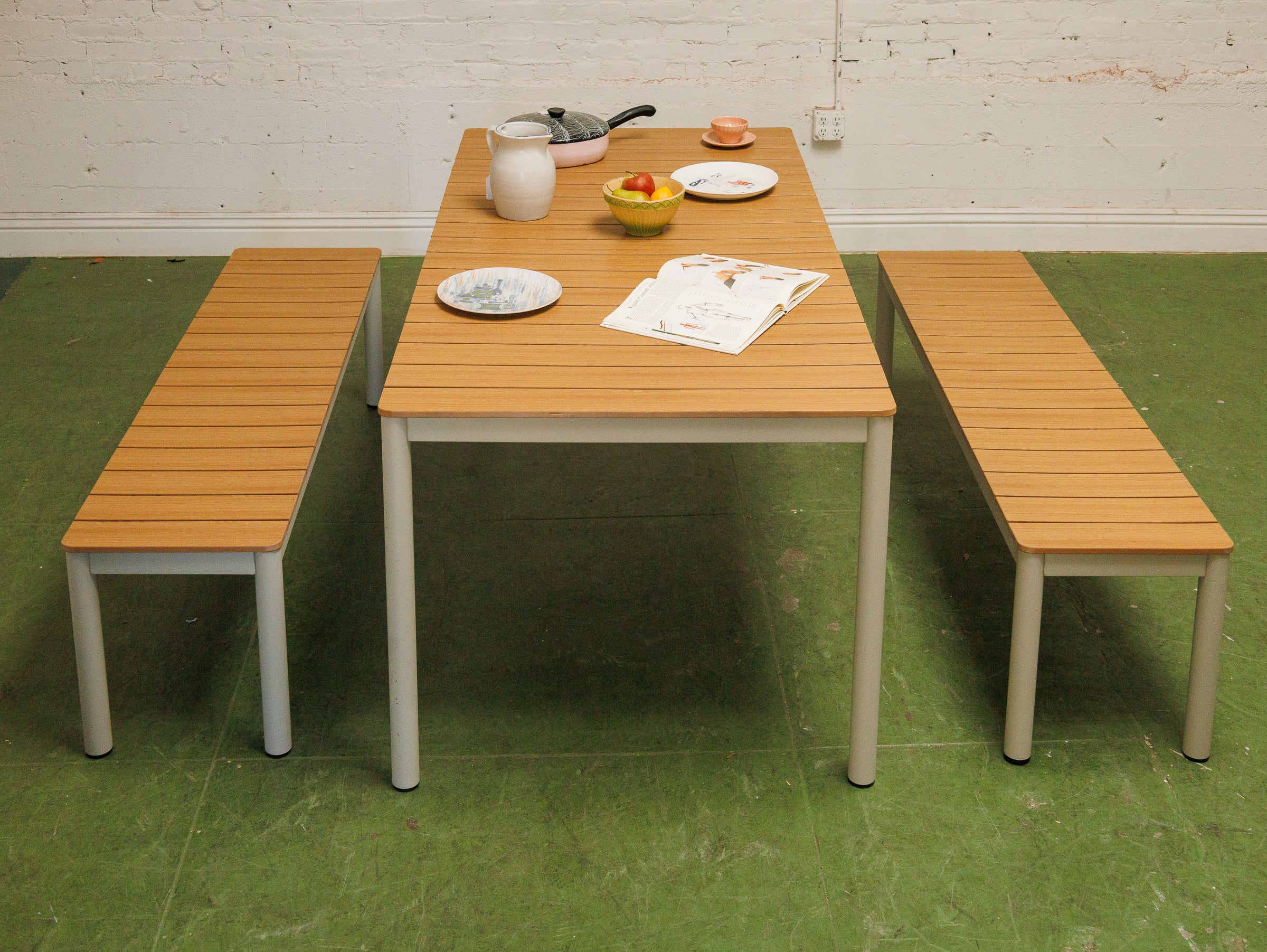 3 Piece Outdoor Dining Set with Low-Maintenance Faux Wood Slats - Image 2
