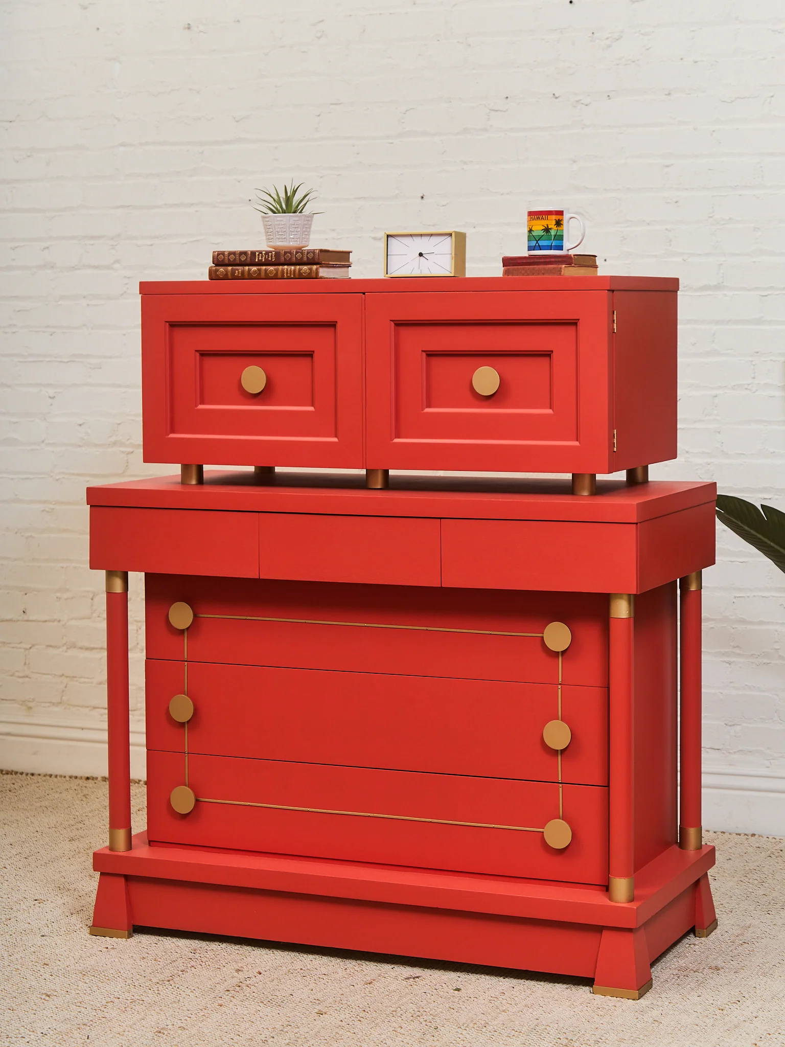 Vintage Mid Century Highboy Robot Dresser in Poppy Red Orange - Image 4