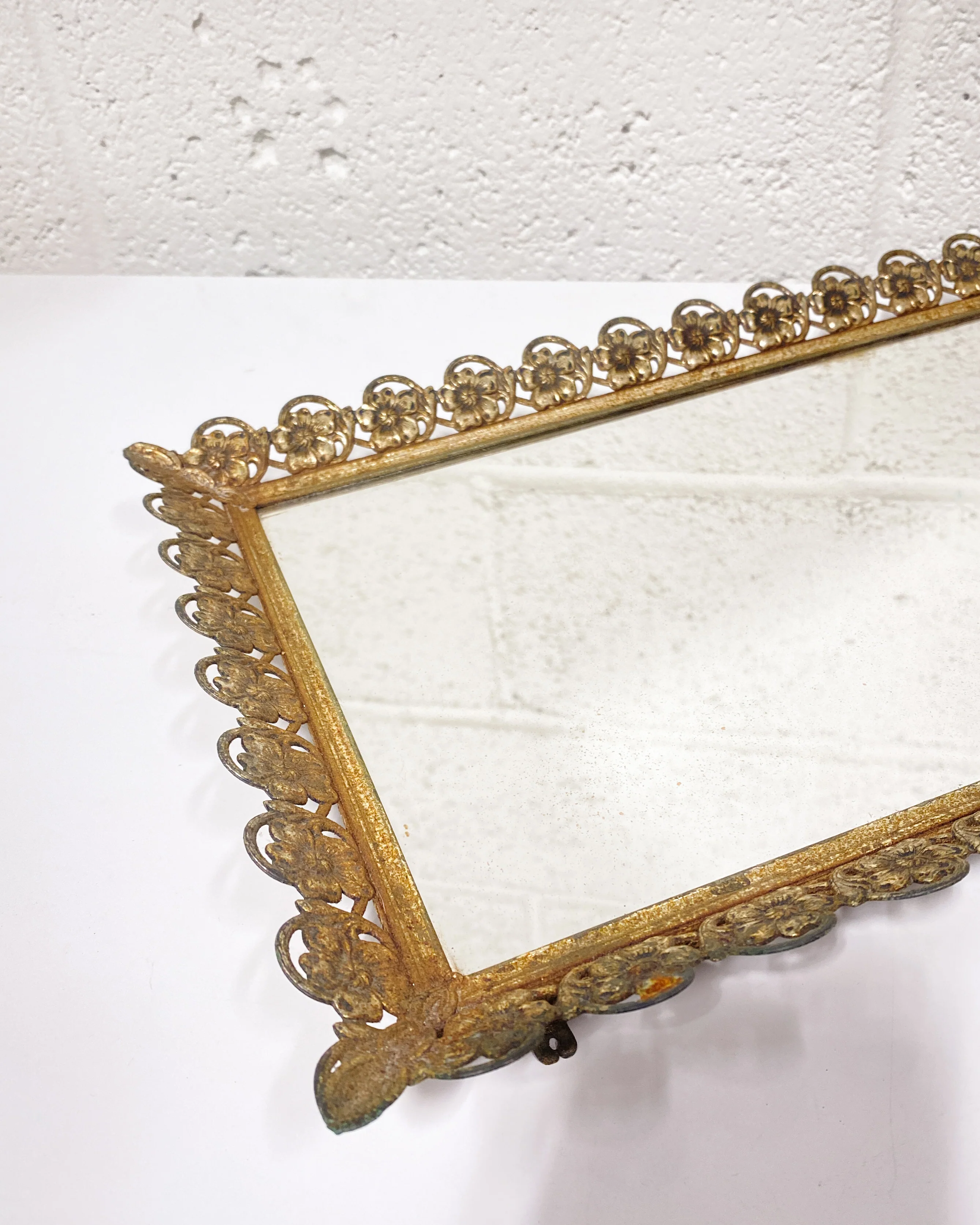 Vintage Ornate Gold Rectangular Mirror Tray - Image 3